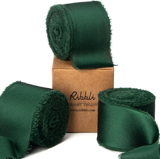 Ribbli Forest Green Silk Satin Ribbon 1.5 Inch x 30 Yard Handmade Frayed Chiffon Forest Green Ribbon for Gift Wrapping Wedding Invitations Bridal Bouquets Home Decor