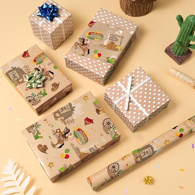 WERNNSAI Cowboy Wrapping Paper - 1 Roll 17” x 16.4ft Western Birthday Gift Wrap Men Boys Birthday Wrapping Paper Brown Cowboy Gift Packing Decoration Reversible Polka Dot Design