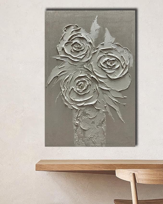 moshinart 24 x 36in Hand-Painted Oil Painting 3D Texture Black White Grey Modern Minimalist Black Abstract Wall Art, Home Office Wall Decoration White Rose