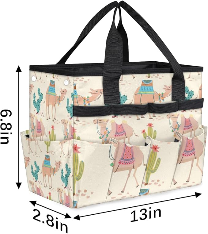 Garden Tool Tote Bag for Women Men Cartoon Camel Cactus Gardening Tool Storage Bags with 10 Pockets Standable Garden Home Tool Kits Organizer for Indoor Outdoor Gardening Gifts