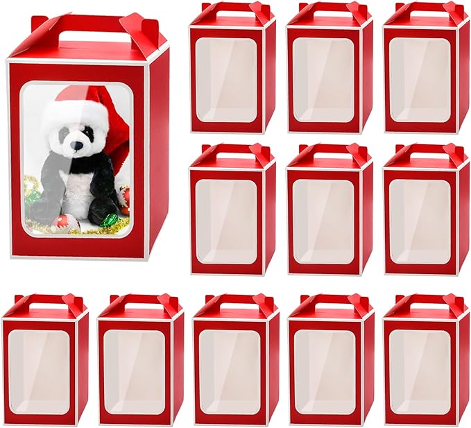 Enorteen 12 Pcs Clear Gift Bags with Transparent Window Gift Boxes Candy Boxes Tote Paper Bags Flower Boxes Bouquet Bags for Bridal Shower Present Festivals Party (Red)