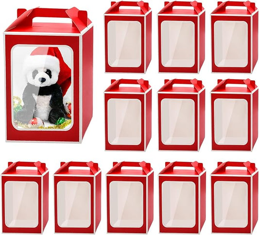Enorteen 12 Pcs Clear Gift Bags with Transparent Window Gift Boxes Candy Boxes Tote Paper Bags Flower Boxes Bouquet Bags for Bridal Shower Present Festivals Party (Red)
