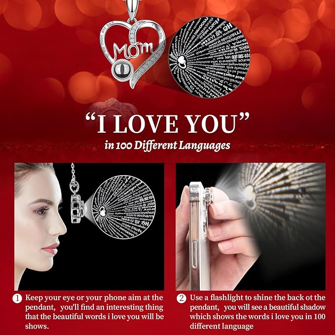Gifts for Mom from Daughter and Son, Unique Mother Birthday Gift Idea, Preserved Red Real Roses with I Love You in 100 Languages Mom Necklace, Cool Present to Mother Mama -Red