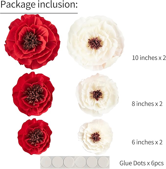 Paper Flower Decorations for Wall, Flower Wall Decor for Birthday Wedding Backdrop Baby Nursery Wall Decor Baby Showers Bridal Shower (Red+White, 6Pcs)