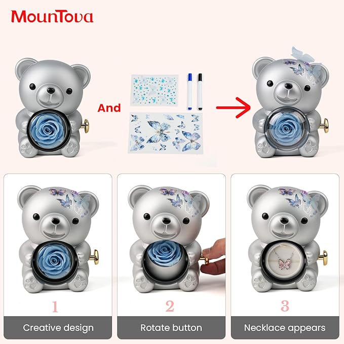 Romantic Teddy Bear with Preserved Rose, DIY Elegant Gift Box with Blue Rose & Butterfly Necklace, Rose Bear for Valentine's Day, Weddings, Mother's Day, Birthday, Christmas, Sliver