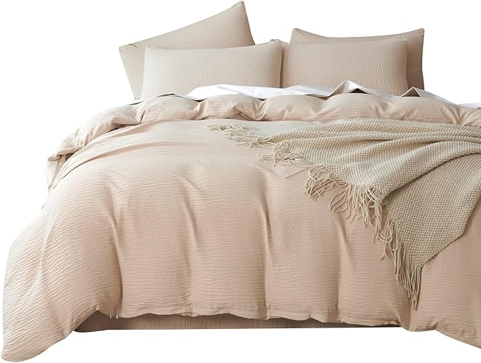 Queen Duvet Cover Set - 3 Piece Luxury Double-Layer Crinkle Gauze Bedding in Beige, All Season Soft Breathable Comfy Microfiber with Zipper Closure