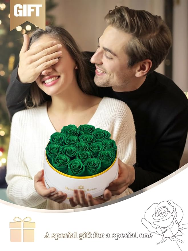 Preserved Roses Forever Flowers Real Roses in a Box Mother's Day Birthday Flowers for Her Mom Women Wife Valentine's Day, 16 Green Roses