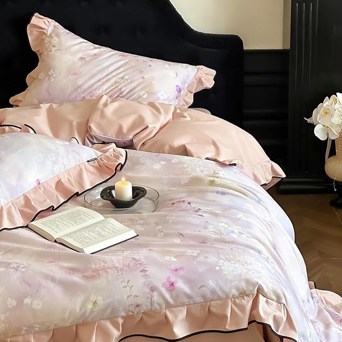 HighBuy Pink Ruffle Duvet Cover Set King Chic Brushed Cotton Floral Bedding Set,Vintage Ruffled Super Soft Comforter Cover,Comfortable Chic Lightweight - 1 Duvet Cover with 2 Pillowcase
