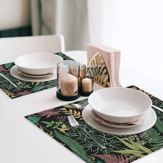 Leaf Placemats Set of 6, 17x12 Inch Vintage Natural Botanical Herbal Green Leaves Table Mats for Home Party Kitchen Dining Decor
