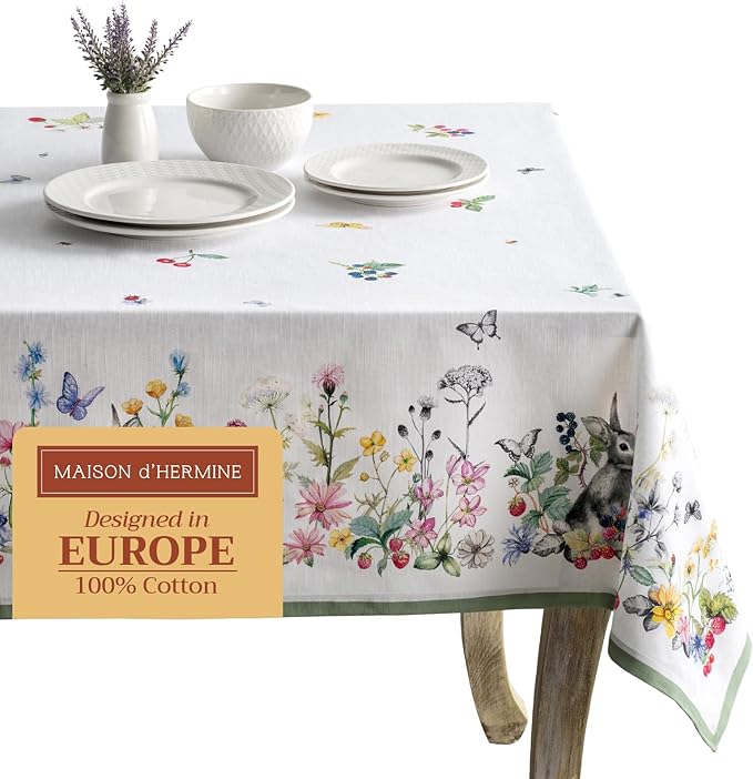 Maison d' Hermine Table Cloth Rectangle Table 100% Cotton 60 x 90 Inches Tablecloth Reusable Decorative Everyday Use for Dining Room, Farmhouse, Home Party, Festive & Wedding Spring Summer - Printemps
