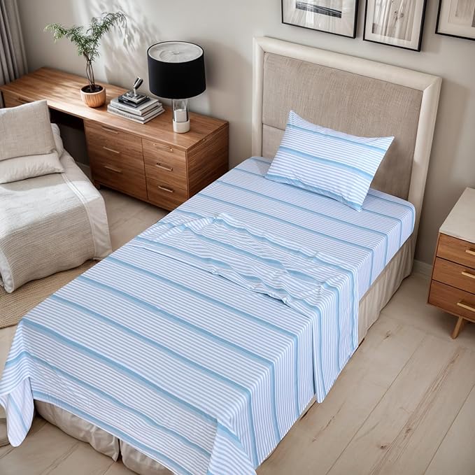 RUVANTI 100% Organic Cotton Sheets Twin Size, Percale Weave, GOTS Certified, 3-Piece Set, Deep Pocket 15", Crisp & Breathable, Soft Durable Bedding, Sábanas Algodón Orgánico – Nautical Stripes
