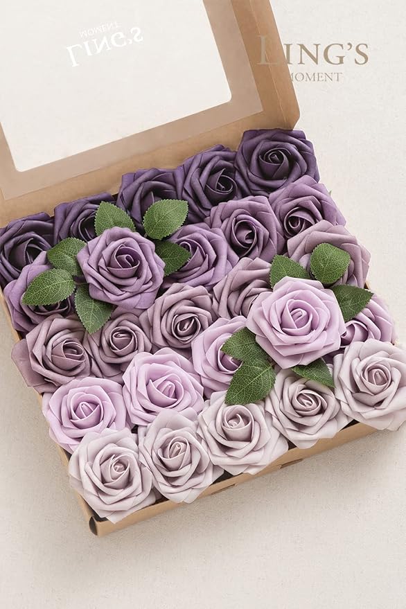 Ling's moment Artificial Flowers, 25Pcs 3" Roses in Purple Shades, Realistic DIY Foam Floral Decor for Wedding Bouquets/Centerpieces, Outdoor Party Backdrops, Room/Table, and Garden/Pot Decorations