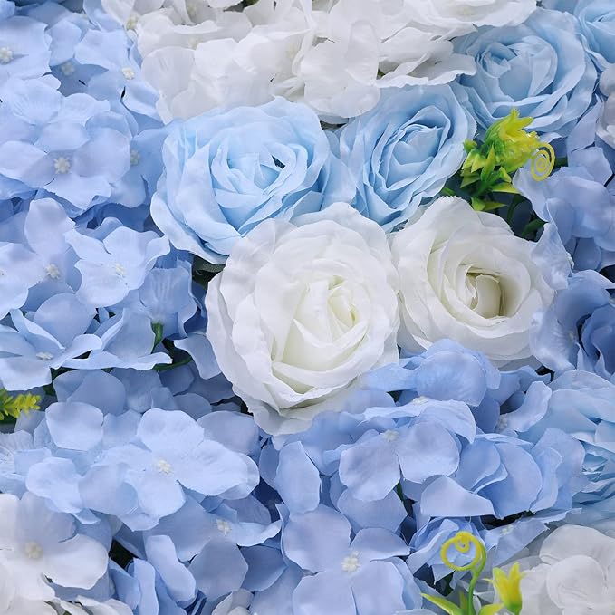 4Pcs Artificial Flower Wall Panel,3D 16" X 24" Silk Rose Mat Artificial Flower Wall,Rectangle Decorative Backdrop Flower Panels Wall for Bridal,Patio,Garden,Yard Decor (Blue, White)