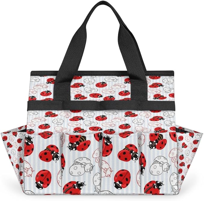 Ladybug Pattern Garden Tool Tote Bag for Women Men Gardening Tool Storage Bags with 10 Pockets Standable Garden Home Tool Kits Organizer for Indoor Outdoor Gardening Gifts