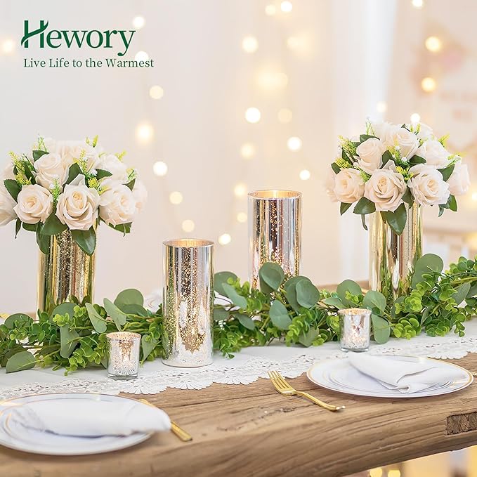 Glass Cylinder Vases Set of 12, Hewory Glittery Silver Vase for Centerpieces, Glass Hurricane Candle Holders for Pillar Floating Candle, Round Tall Vase for Wedding Anniversary Events Home Table Decor