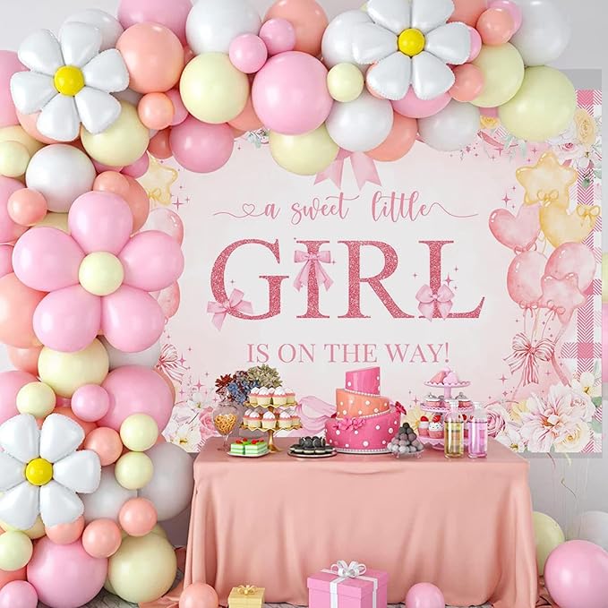 Mocsicka 7x5ft Girl Baby Shower Backdrop Pink Bow Floral Sweet Baby Girl is On The Way Decorations Banner Watercolor Balloon It's a Girl Banner Photo Booth Props (7x5ft (82x60 inch))