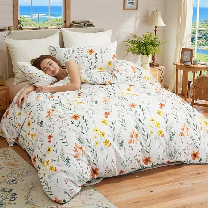 Floral Duvet Cover King Size, 100% Nature Cotton 3 Pcs Garden Floral Aesthetic Bedding Set with Zipper Closure Ultra Soft&Breathable Cottagecore Botanical Duvet Cover Set