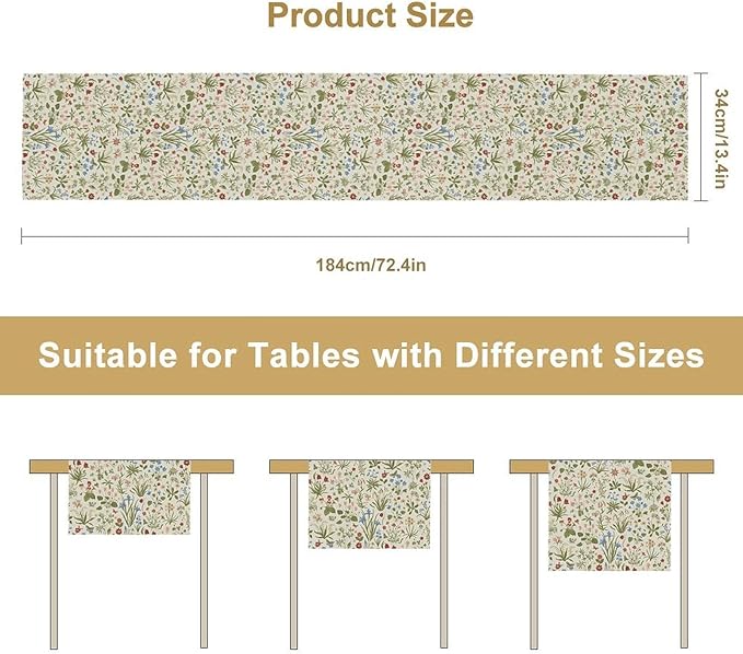 Vintage Floral Table Runner, Country Botanical Flower Farmhouse Home Decor Table Runner for Kitchen Dining Picnic Decoration, 13x60 Inch