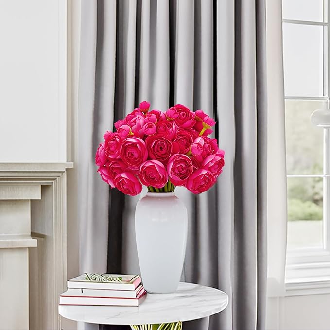 24 Pcs Ranunculus Artificial Flowers 10.5", Mini Faux Silk Ranunculus with Stem, Fake Flowers for Home Decor Indoor Wedding Bouquets Centerpieces (Hot Pink)