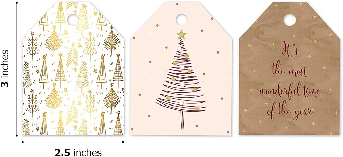 Pro Supply Global 24 Count of 2.5 Inch x 3 Inch Pre Strung Gold Christmas Trees Gift Tag Assorted Printed Designs on Large Cardstock Gift Hang Tags - Ideal to Use on Bags