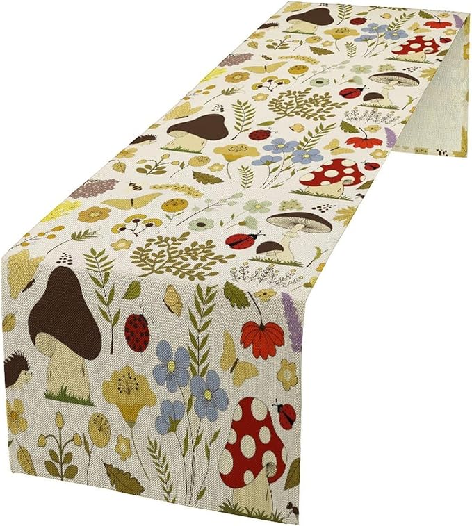 Mushroom Wildflower Table Runner Colorful Cartoon Style Cute Plants Dinner Runner for Farmhouse Cabin Home Kitchen Dining Holiday Party Decor 13x60in