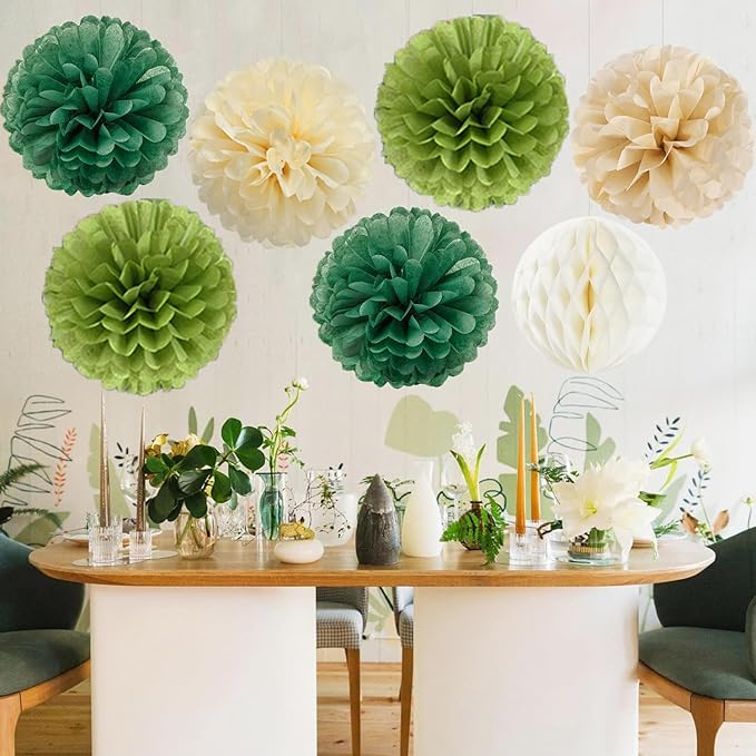 Sage Green Paper Flowers Tissue Pom Poms Honeycomb Lanterns 15pcs Party Decorations Boho Birthday Wedding Baby Bridal Shower Neutral Bachelorette Graduation Safari Hanging Supplies Mprocherify