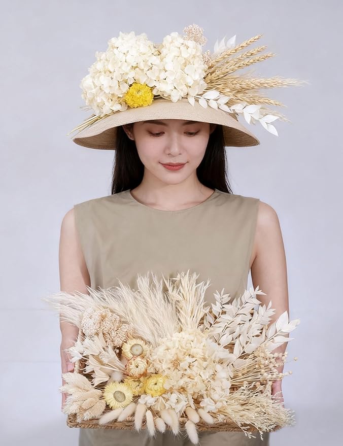 Natural Dried Flower Set, Bulk Dried Flowers with Stems, Dried Daisies, Dried Rabbit's Tail Grass,Mini Bouquet.(White)