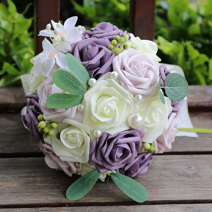 Lightweight Bridal Wedding Bouquet Round Holding Bouquet Throw Toss Artificial Rose Flower Bunch for Bride Bridesmaid Wedding Quinceanera (Cream, Deep Taro & Light Taro, 7.9")