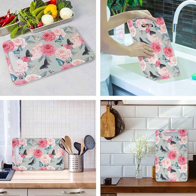 Butterfly Flowers Cutting Boards Peony Pink Roses Black Blue Blue Romantic Cutting Boards Kitchen Chopping Board with Handles Non Slip Plastic 16 x 10 x 0.24 Inch