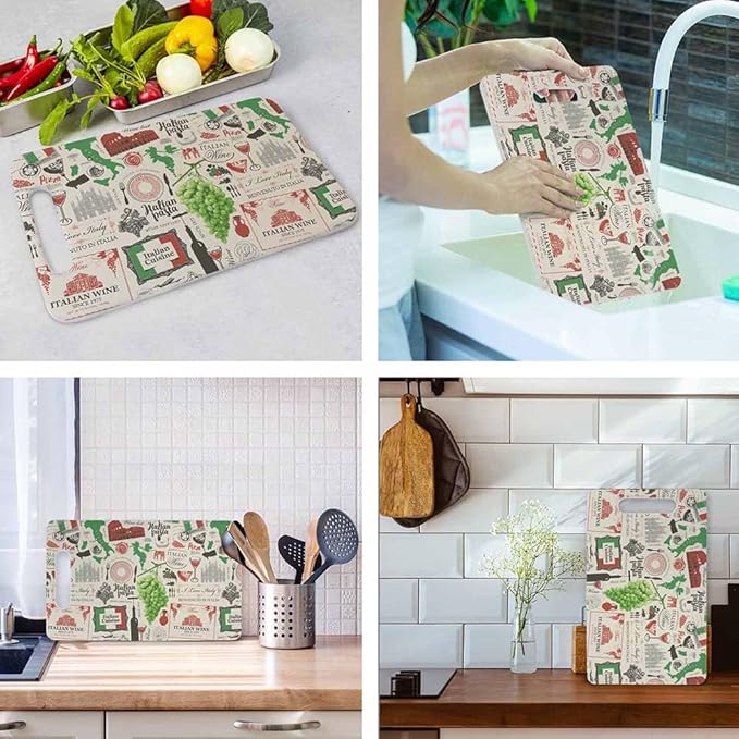 Retro Italian Pattern Cutting Boards Wine Food Grapes Architecture Cutting Boards Kitchen Chopping Board with Handles Non Slip Plastic 16 x 10 x 0.24 Inch