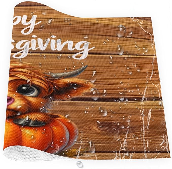 Thanksgiving Pumpkin Highland Cow Placemats Set of 6 PVC Vinyl Non Slip Table Mats Heat Resistant Place Mats Washable Wipeable Dining Table Mat for Kitchen Decor Party Indoor Outdoor Decorative Gift