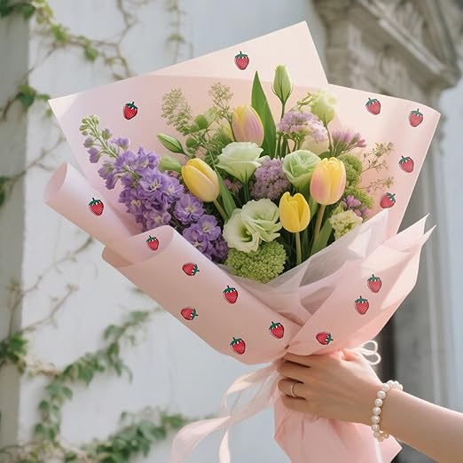 20 Sheets Bouquet Wrapping Paper, 22.4Inch Pink Strawberry Pattern Flower Floral Wrapping Paper Pink Floral Paper for Bouquets Kit, Waterproof Decorations with Ribbon for DIY Crafts Wedding Birthday Party