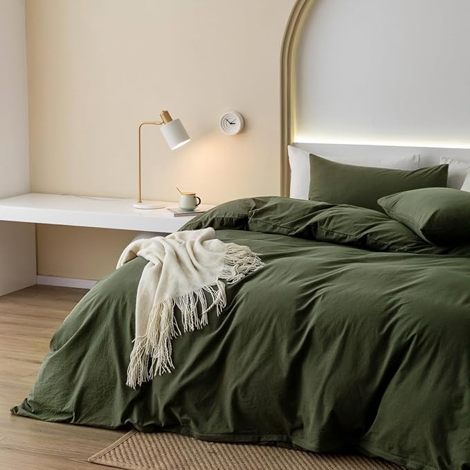 JIYUAN 100% Washed Cotton Duvet Cover Set 3 Pieces Queen, 1 Duvet Cover 90x90 Inches(Comforter Not Included) and 2 Pillowcases,Linen Feel Bedding Set Comfy and Breathable,Olive Green