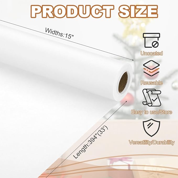 PATIKIL Wrapping Paper, 15" x 394"(33') 70 GSM Craft Paper Roll Kraft Packing Paper for Poster Bulletin Board, Gift Wrapping, White