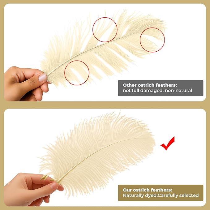 Piokio 10 pcs Natural Champagne Ostrich Feathers 14-16 inch(35-40 cm) Bulk for Wedding Party Decoration Gatsby Decorations