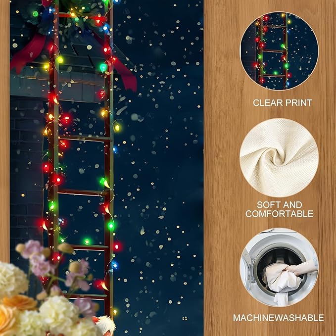 Christmas Table Runner– Festive Santa Claus Climbing Ladder Design with Holiday Lights & Snowy Village, Winter Table Decoration for Dining Table, Kitchen, Party & Home Décor