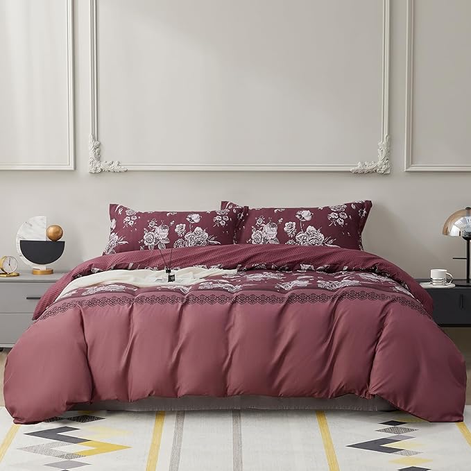 SAPHREAS Red Floral Duvet Cover Set Full Size Retro Style 3pcs Vintage Botanical Flower Microfiber Bedding Set 1 Duvet Cover with Zipper Ties 2 Pillow Shams (No Duvet Insert)