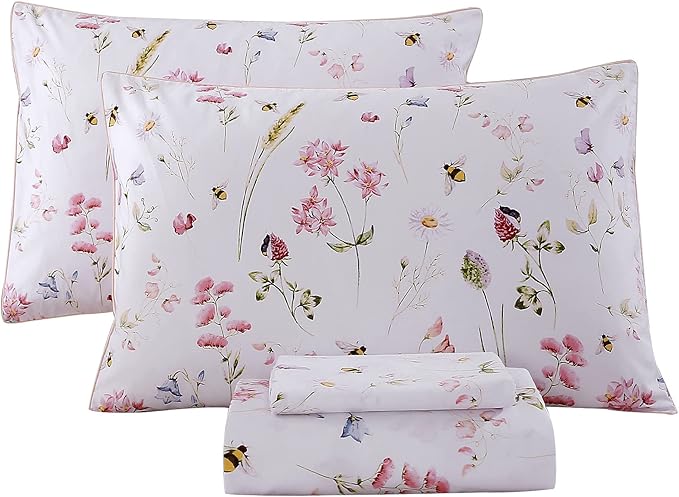 RYNGHIPY Shabby Floral Bees Print Bedding Sheets with Pillowcases, Breathable Egyptian Cotton Bed Sheet Set (Bee,Full Size)