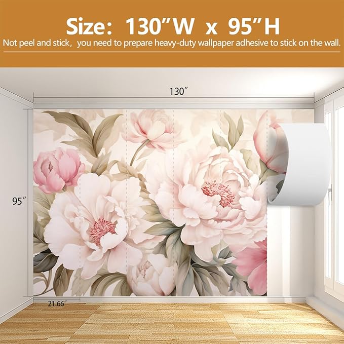 Pink Floral Wallpaper Large Peony Flowers Wall Mural for Girls Room Bedroom（Not Peel and Stick）