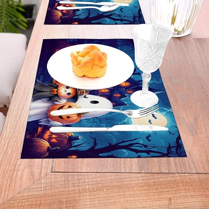 PVC Placemats Set of 4 Wipeable Table Mats Washable Heat Resistant Non Slip Vinyl Dining Table Mat for Kitchen Indoor Outdoor Patio Farmhouse Place Mats Halloween Castle Pumpkin Ghosts Decorative