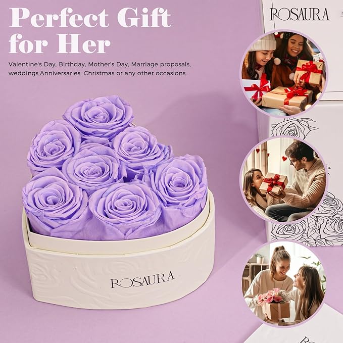 Rosaura Heart-Shaped Preserved Roses Gift Box - Real Forever Flowers for Birthday, Valentine's & Mother's Day (Light Purple, 7 Roses)