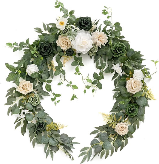 Ling's moment Summer Green Flower Garland - 6FT Eucalyptus & Rose - Sweetheart Table Decor for Wedding Reception, Artificial Floral Garland for Mantle, Christmas Decoration, Emerald & Tawny Beige