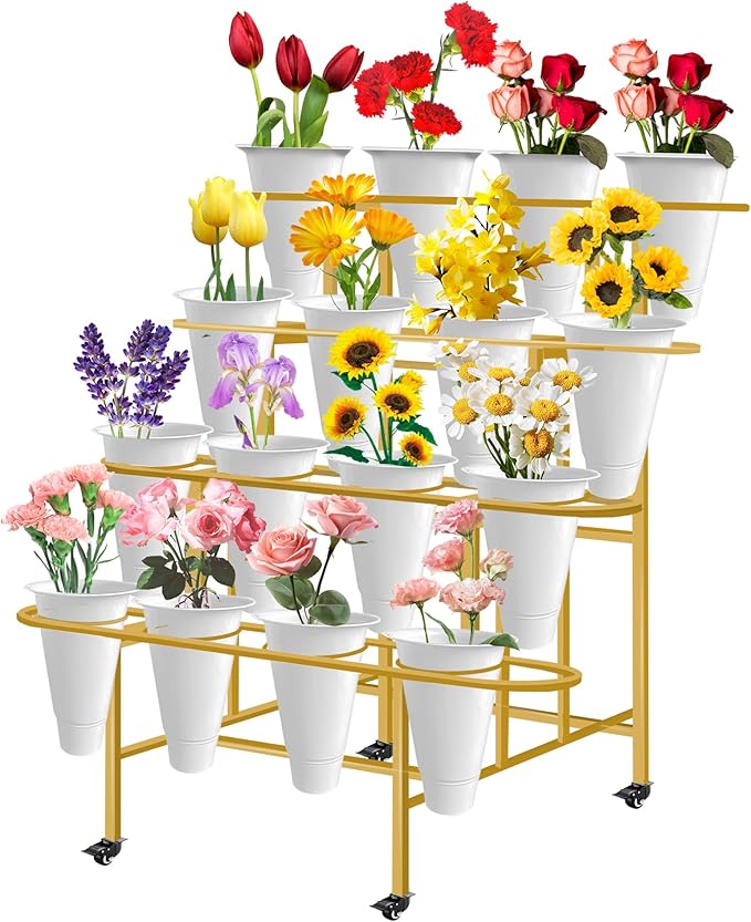 Flower Display Stand with 16PCS Buckets, 4 Layers Flower Cart Display Stand with Wheels Heavy Duty Metal Flower Bar Stand for Florist Shop, Patio Garden and Living Room - Gold