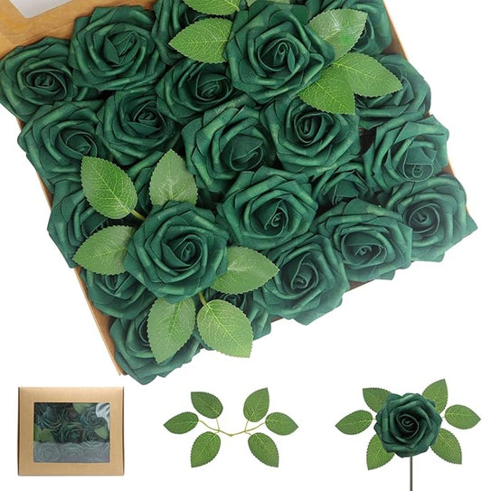 Artificial Flowers 50Pcs Peacock Green Roses Real Looking Foam Fake Roses with Leaves and for DIY Wedding Bouquets Bridal Shower Centerpieces Party Decorations (Peacock Green, 50)