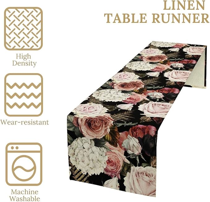 Gothic Flower Table Runner, Vintage Peony Rose Rustic Farmhouse Natural Spring Black Floral Leaves Table Runner for Home Indoor Outdoor Party Wedding Decor, 13x90inch