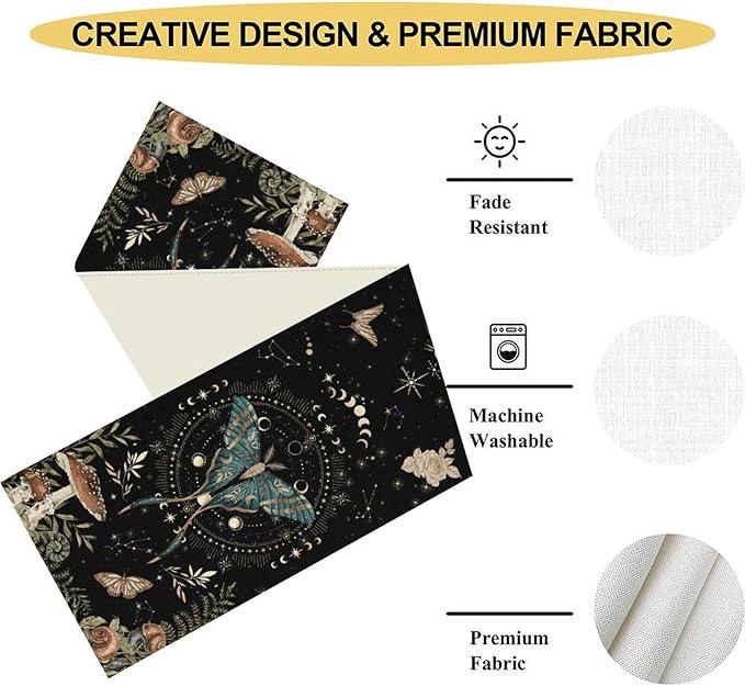 Gothic Moth Table Runner, Boho Gothic Sun Moon Phase Mystical Mushroom Floral Witchy Farmhouse Coffee Table Center Decor for Home Kitchen Dining Patio Holiday Party Table Decorations 13x36 inches