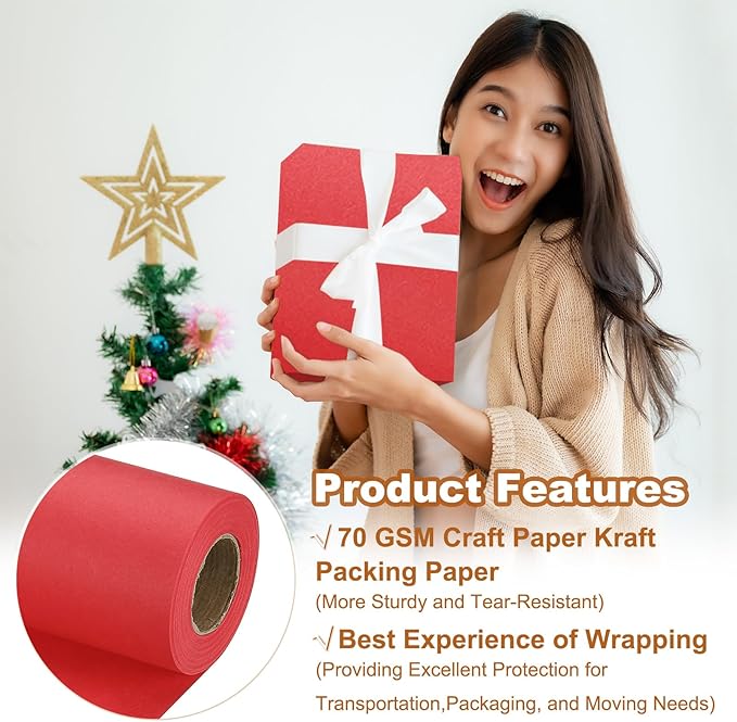 PATIKIL Wrapping Paper, 17" x 450"(37') 70 GSM Craft Paper Roll Kraft Packing Paper for Poster Bulletin Board, Gift Wrapping, Bright Red