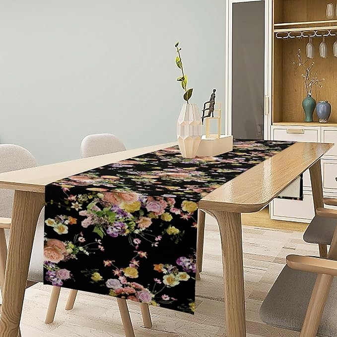 Vintage Floral Table Runner,Gothic Retro Flowers Spring Summer Seasonal Table Runner for Home Kitchen Table Dining Indoor Outdoor Party Decor 13x70 Inch