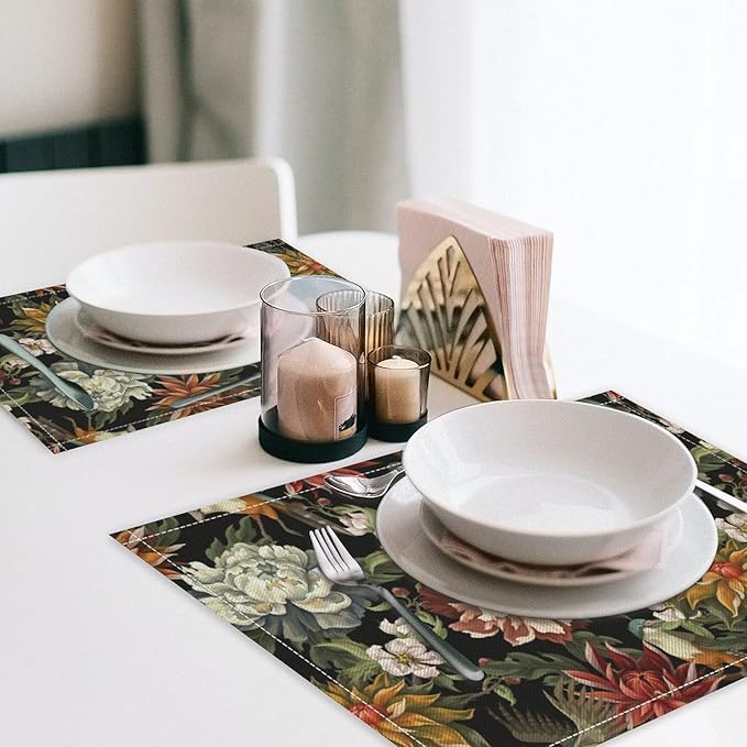 Vintage Floral Placemats Set of 6, 17x12 Inch Colorful Flowers Birds Green Leaves Black Retro Aesthetic Art Print Table Mats for Home Party Kitchen Dining Decor