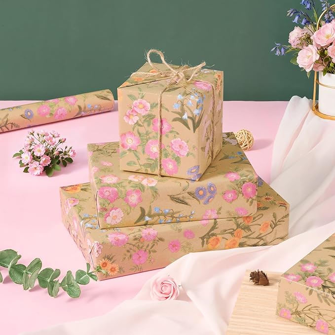 WERNNSAI Kraft Floral Wrapping Paper Roll - 1 Roll 17”x 33 ft Wild Flower Gift Wrap Paper Spring Summer Flower Gift Packing for Girls Women Birthdays Weddings Bridal Shower Party Decor
